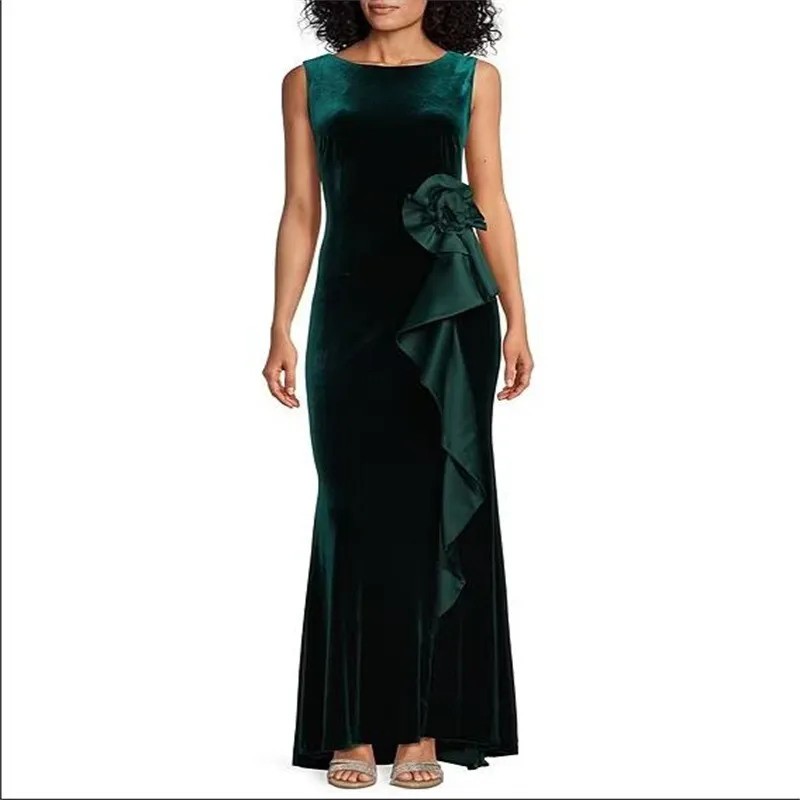 green velvet sleeveless dress Square Neck Olive Green Velvet Slit Long Bridesmaid Dress  FancyVestido