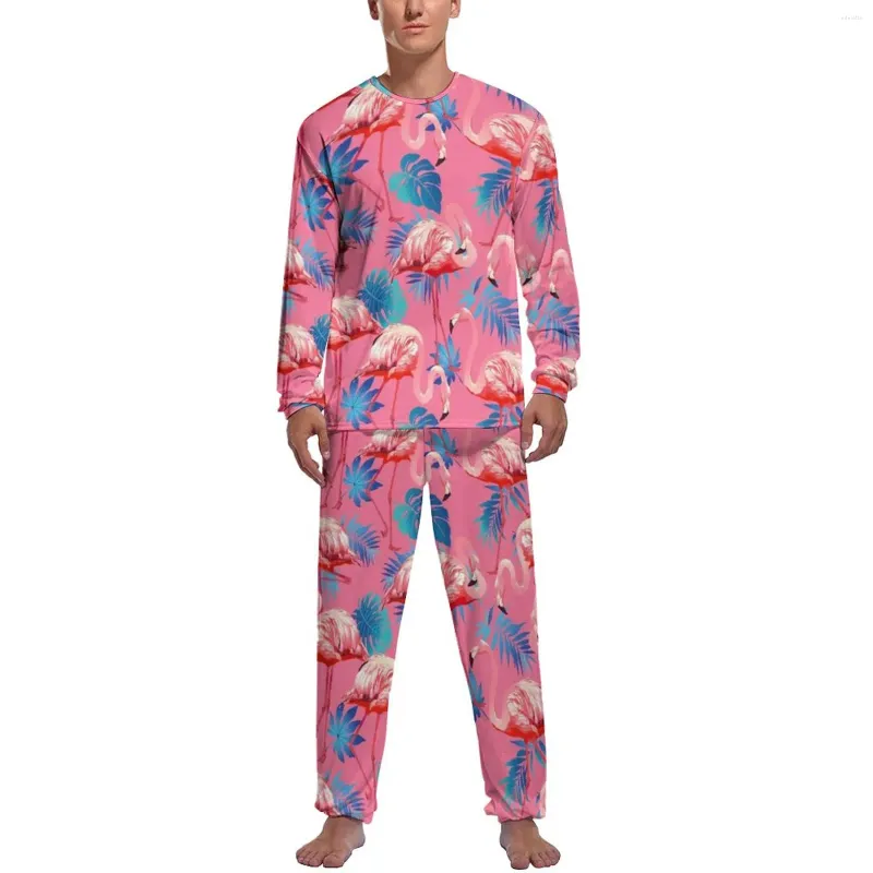 Mäns sömnkläder Flamingo Pyjamas Mens Palm Tree Leaf Romantic Nightwear Dagliga långa ärmar Tvådelade sovrum Design Pyjamas uppsättningar