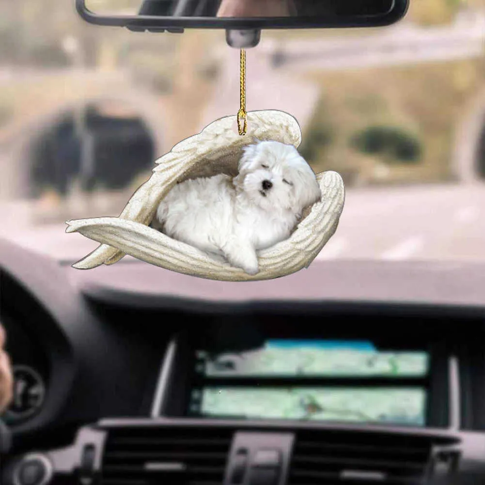 Decorations 1PC Sleeping Angel Dogs Hung Keychain Interior Rear View Mirror Decor Cute Funny Home Door Head Ornament Gifts Acrylic AA230407