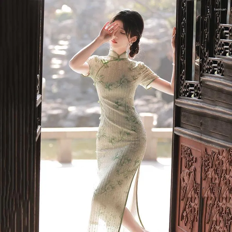 Etniska kläder Summer Women Green Cheongsam Elegant Split Qipao Floral Vintage Chinese Dress Retro Traditional Oriental