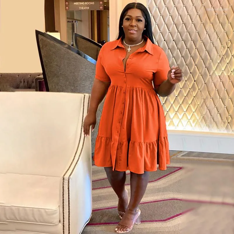 Plus Size Dresses CM. Women Short Sleeve Single Breasted Ruffles Hem Big Swing Smock Shirt Dress 2023 Summer Elegant Orange