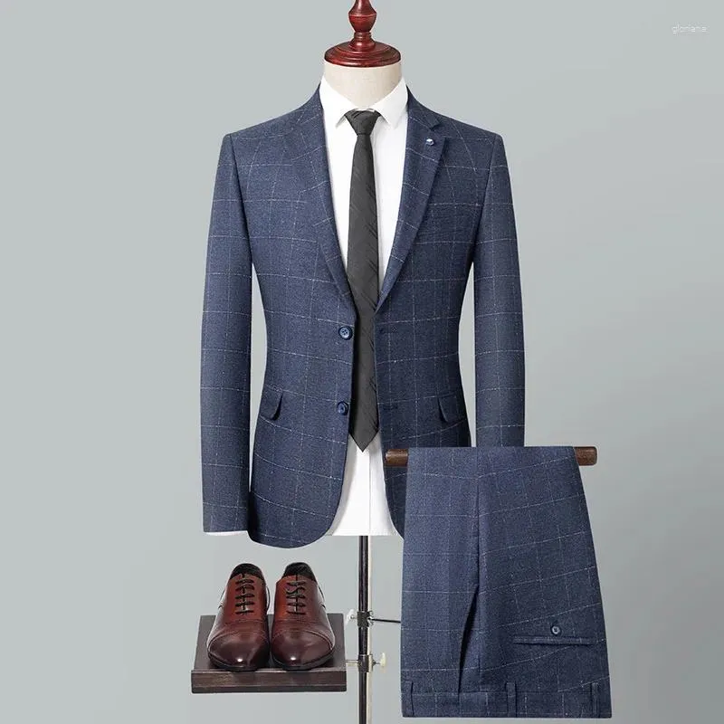 Costumes pour hommes bleu Plaid 2 pièces ensemble Gentleman blazers et pantalons mariage homme vêtements élégant affaires bureau veste ensembles pour homme