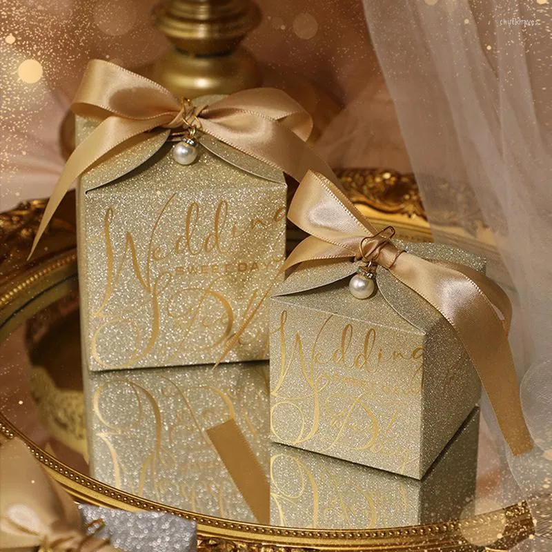 Gift Wrap Wedding Candy Box Exquisite Glitter Powder Shell Pearl Ribbon Bow Paperboard Packaging High Quality Favors