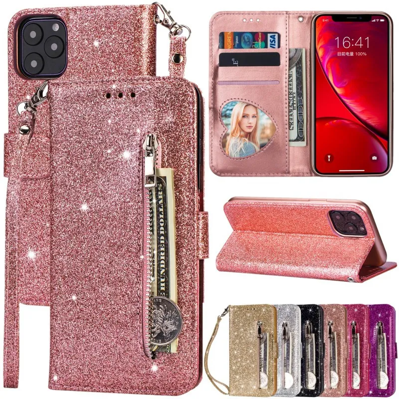 Wallet Glitter Zipper Flip Leather Case For iPhone 15 14 Pro Max 13 Mini 12 11 X XR XS SE 8 7 Plus Card Holder Magnetic Stand Protective Cover with lanyard Strap