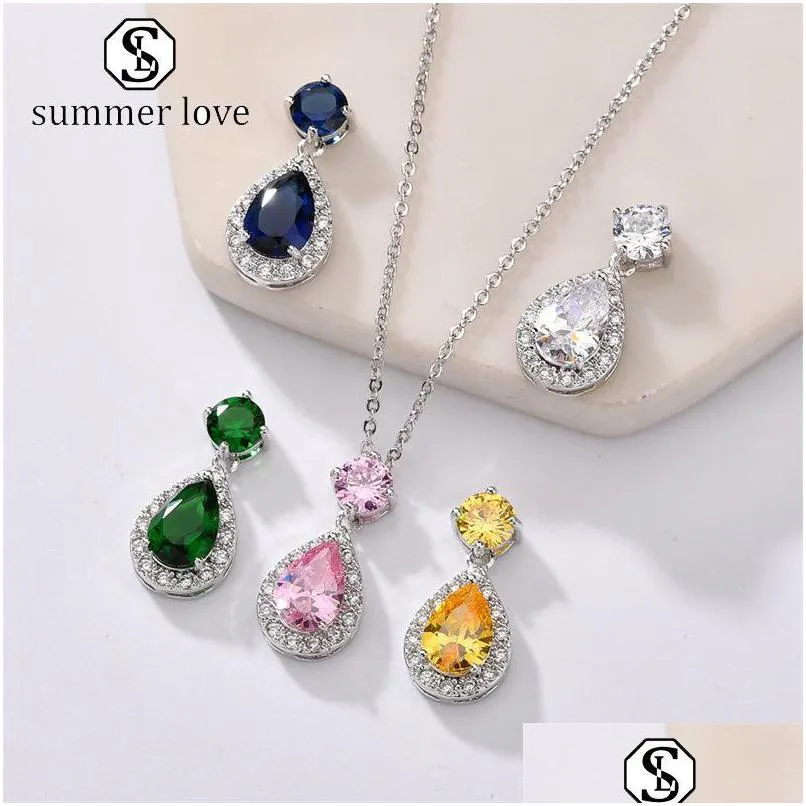 Pendant Necklaces Fashion Teardrop Cubic Zirconia Stud Earrings Necklace For Women Sier Chain Charm Engagement Bridesmaid W Dh60C