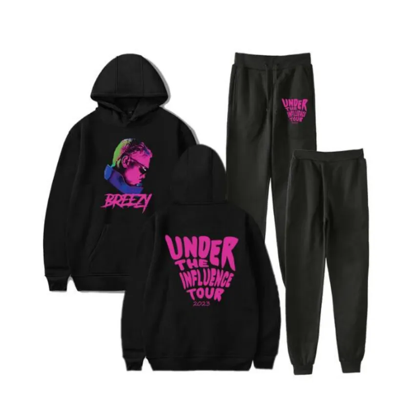 Chris Brown under påverkan turné 2023 Breezy Merch Sports Suit Men hoodie Sweatshirt and Sweatpants Suit Autumn Winter Sportswear Set