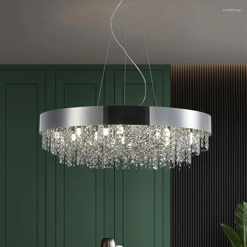 Lampadari Modern Luxury Lampadario rotondo in acciaio inossidabile Lampadario a sospensione in cristallo per soggiorno Camera da letto Lampada a sospensione a LED Cromo Decorazioni per la casa