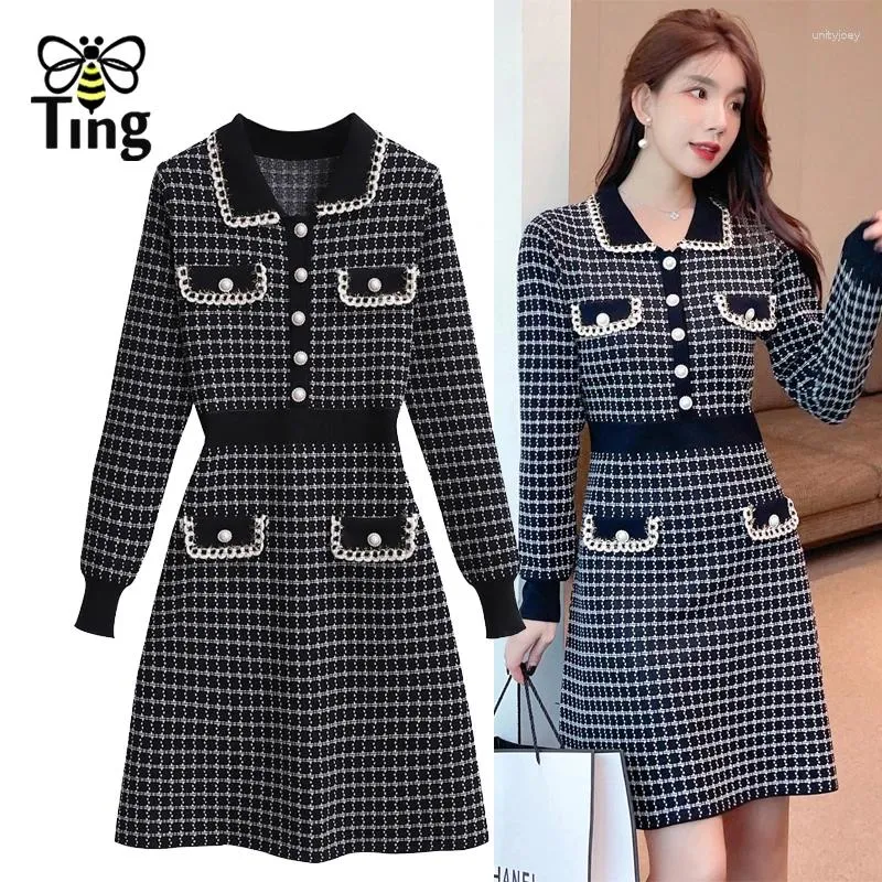 Robes décontractées Tingfly Femmes d'automne d'automne décor Plaid Plait Tricoting Lady Streetwear Chic Knitwear Mini Vestidos robe courte