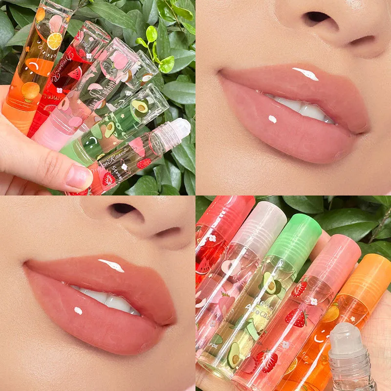 Roll-On Lip Oil Fruit Lip Gloss Transparent Lip Oil Fuktgivande Reducerande läpplinjer Nourishes Waterproof Liquid Plumping Lipgloss