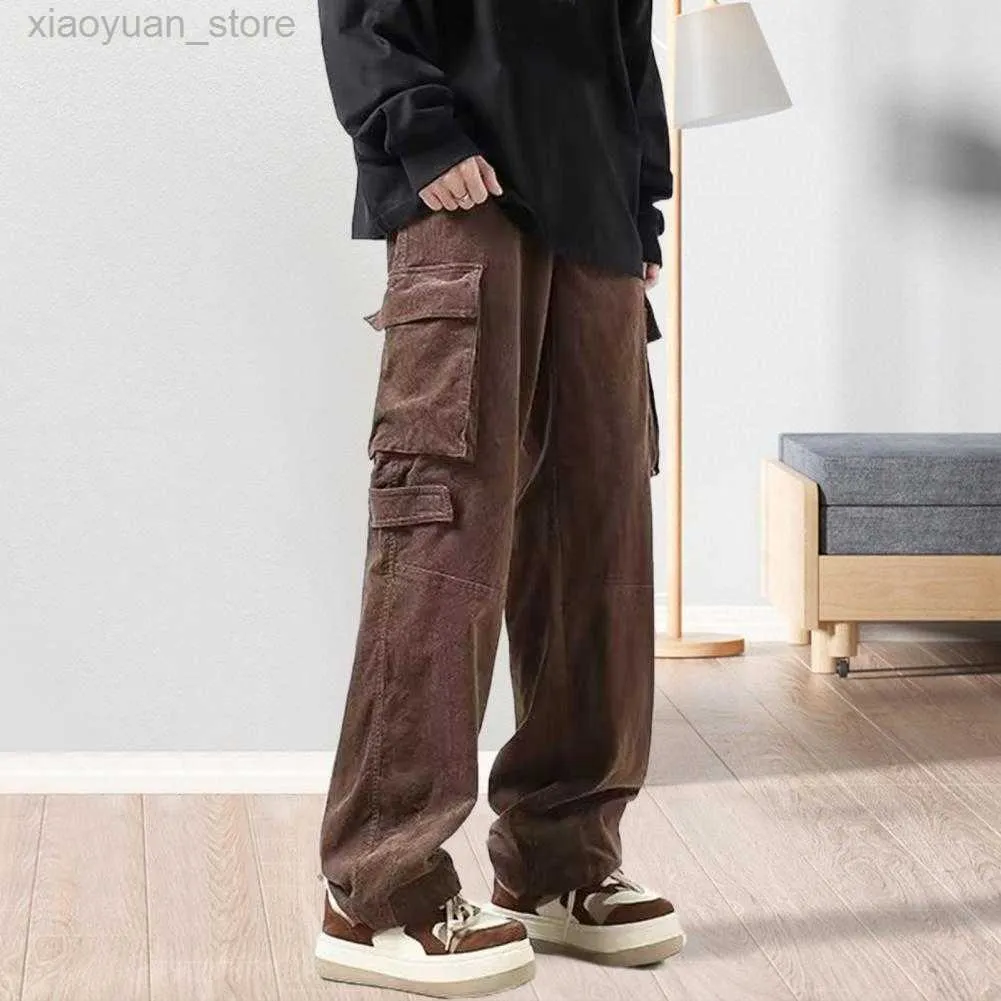 Calça masculina homens calça calça baixa perna larga masculina calça de carga vintage múltiplos bolsos grandes calças casuais cor solteira calça para homens para diariamente m230408