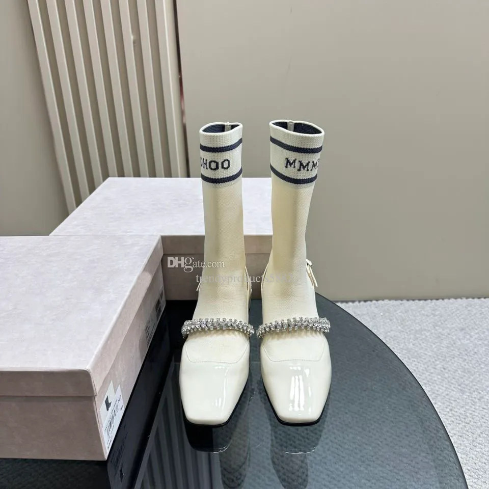 Niedriger Absatz, 3 cm, Damenmode, Designer-Naked-Stiefel, Modedruck, Schnalle, echtes Leder, genähte Socken, Stiefel, Show, Party, Hochzeit, Outdoor, Schuhe mit flachem Kopf, passende Box 35–41