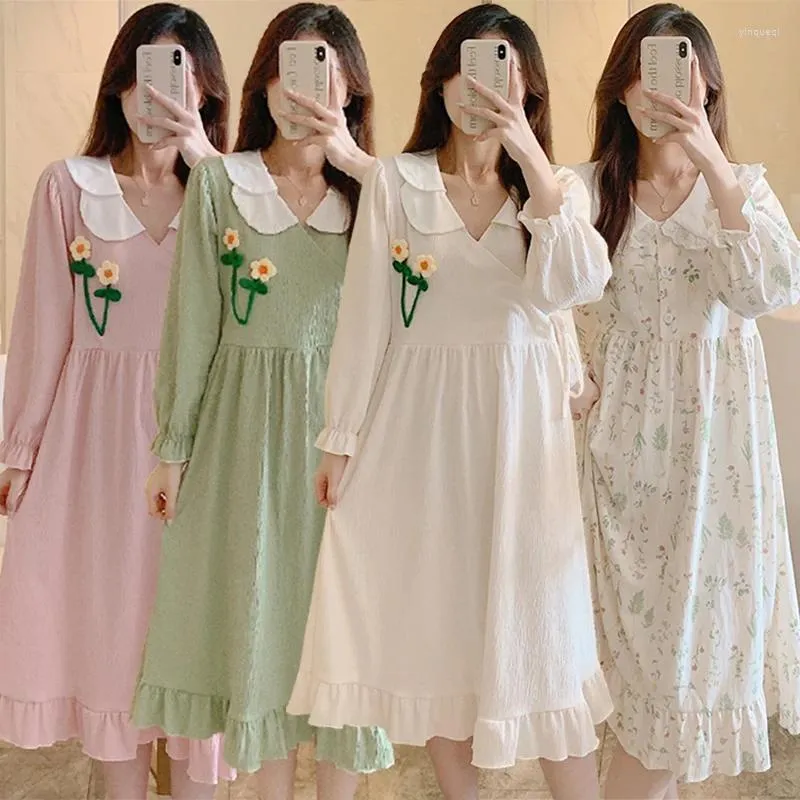 Kvinnors sömnkläder 2023 Autumn Long Sleeve Cotton Kimono Nightgowns for Women Korean Loose Dress Night Nightdress Home Nighty