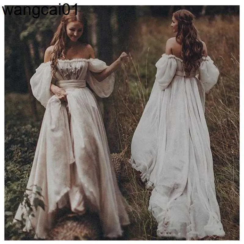 Robes de soirée Boho hors de l'épaule princesse robe de mariée chérie appliqué bouffée Seves robe de mariée A-ligne dos pour robe de mariée 2021 0408H23