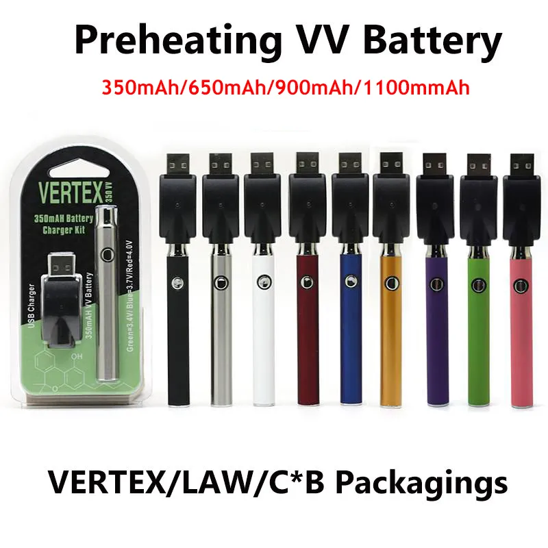 Vertex Law Vape Battery 350mAh 650mAh 900mAh 1100MAH Pen Baterías de bolígrafo 510 Presado de precalentamiento Voltaje ajustable Varios cartuchos de aceite grueso Atomizador 9 colores