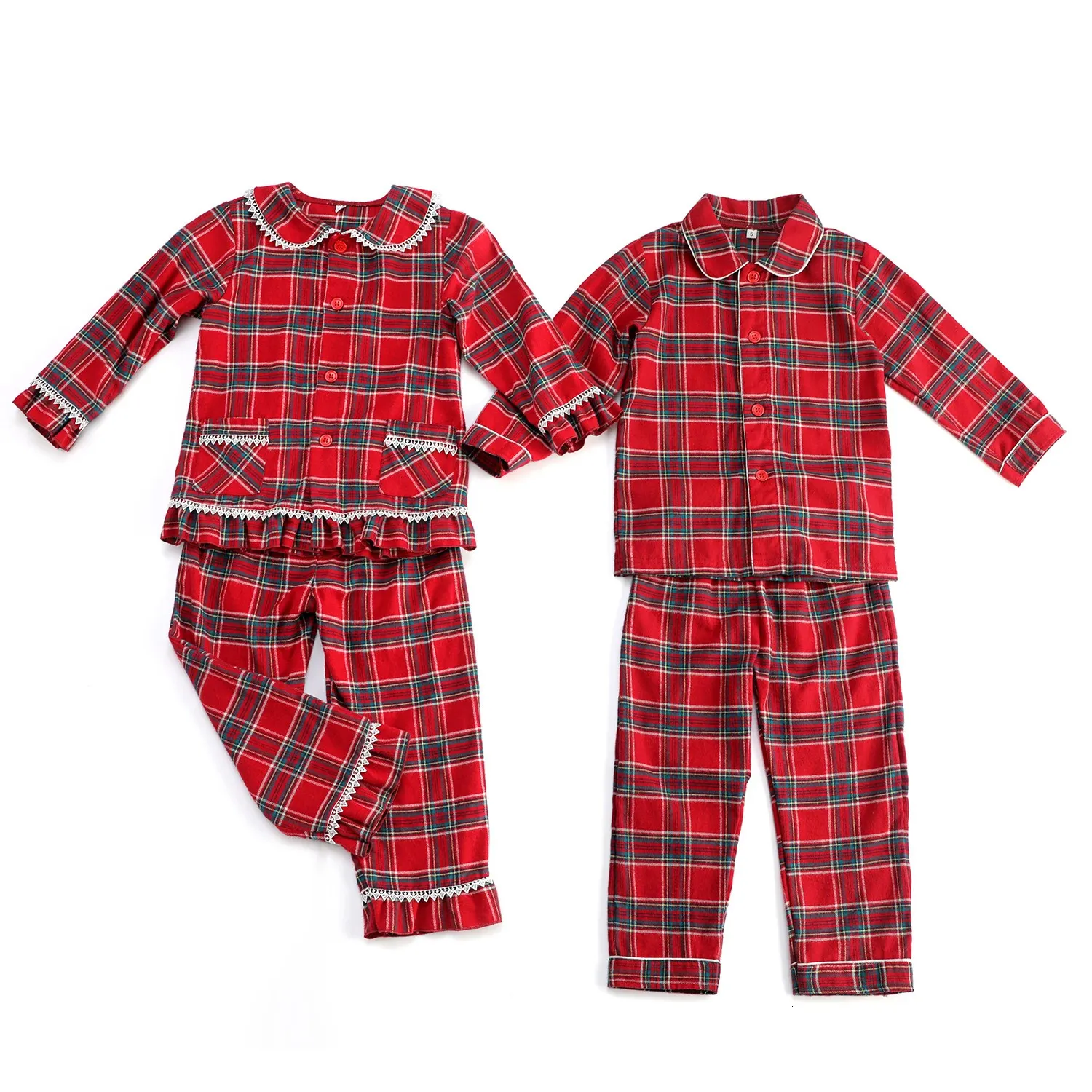 Pękama Ubrania dla dzieci czerwone sprawdzenie Drukuj Flanel Flanela Rodzina Pękama Zima długie rękawie Ruffy Boys Girls Christmas Pajamas Set 231108