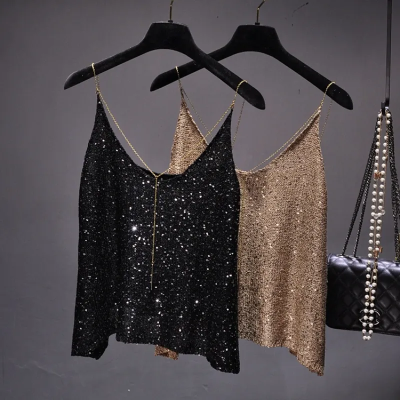 Camisoles Tanks Summer Spaghetti Strap Tank Tampo Top Metal Chain Sexy em forma de U