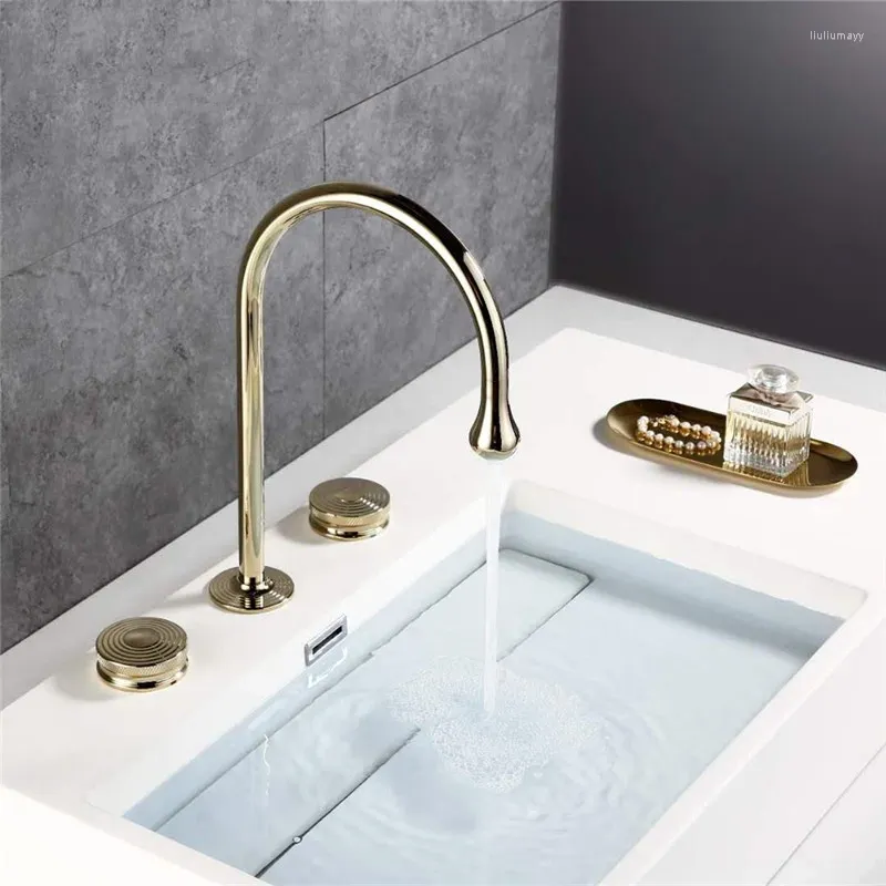 Badezimmer Waschbecken Wasserhähne Luxus Gold Messing Wasserhahn Zwei Griffe Drei Löcher Becken Golden Kalt Mixer Top Qualität