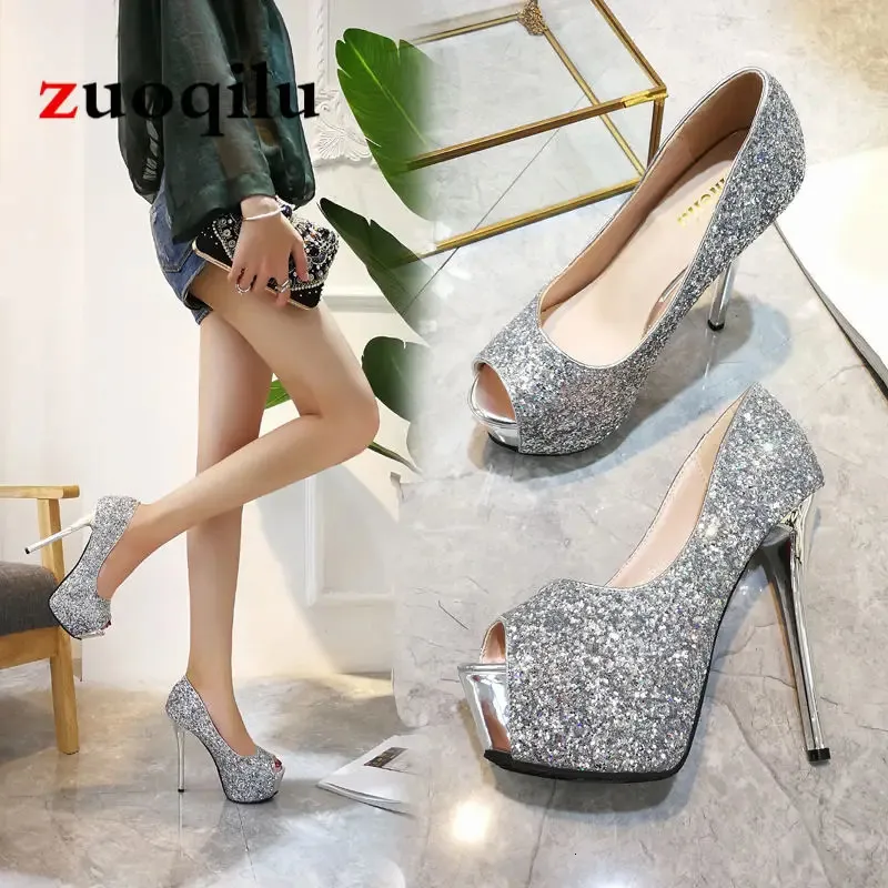 Chaussures habillées Escarpins brillants femmes chaussures talons hauts peep toe plate-forme talons chaussures de mariage femme argent noir dames 10/12/14 cm chaussures à talons 231108