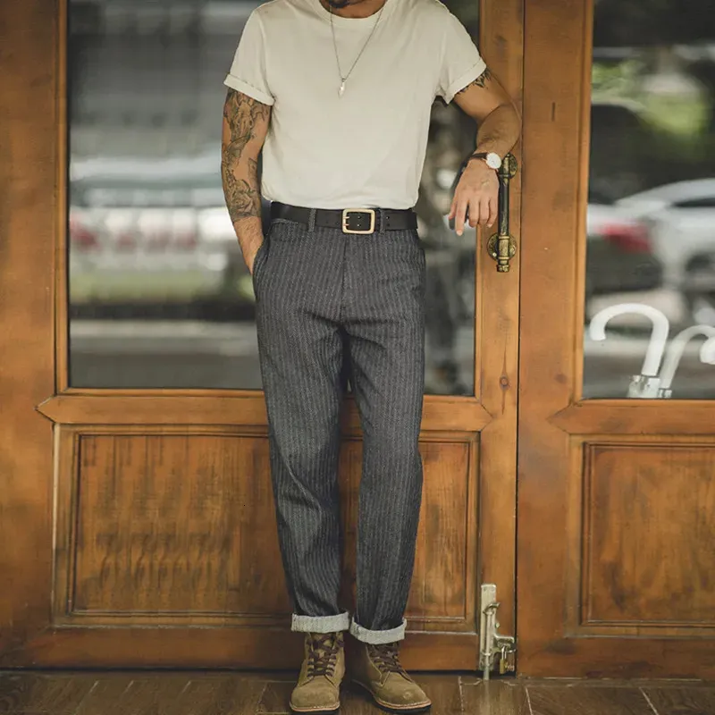 Herr jeans maden retro strippade denim grå färg smal passform rak byxor vintage twill avsmalnande byxor mens amekaji bär mode 231108