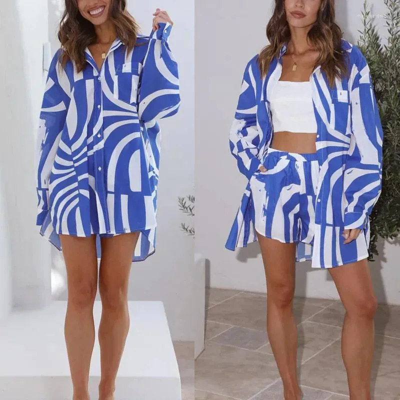 Dames trainingspakken blauw wit 2 stuks sets oversized blouse met lange mouwen shorts losse casual dames vakantie strandkleding