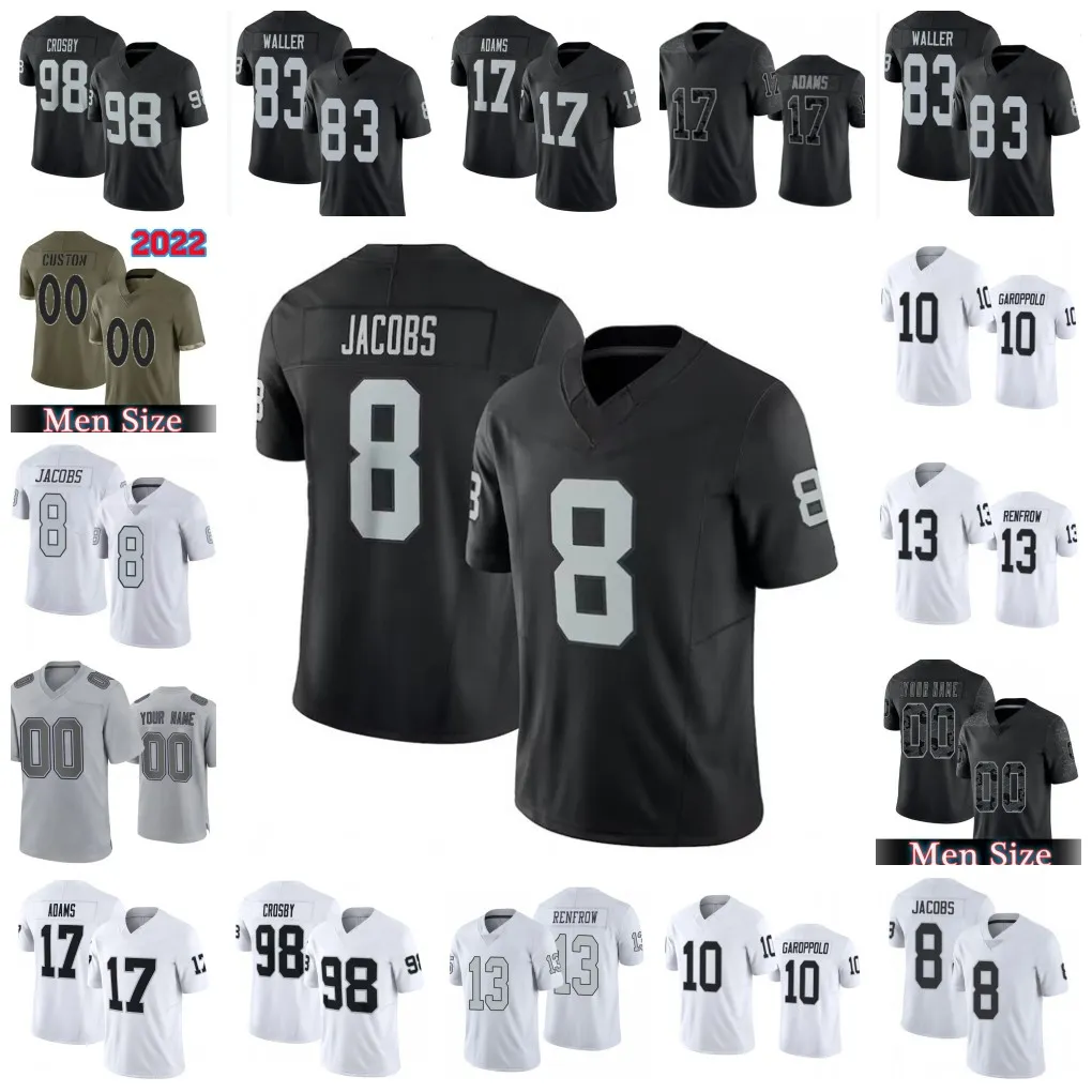 Maillot de football Jimmy Garoppolo Davante Adams Maxx Crosby Josh Jacobs Hunter Renfrow Tyree Wilson Michael Mayer Bo Jackson Charles Woodson Howie Long personnalisé 4XL