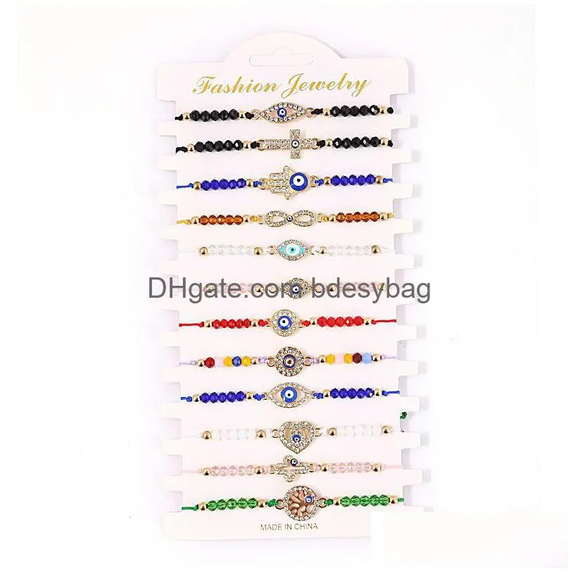 Bracelets de charme 12pcs / Set Turquie Bleu Evil Eye Bracelet Femmes Corde À La Main Chaîne Perles De Cristal Bracelets Fille Anniversaire Bijoux Dhqin