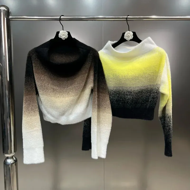 Women's T Shirt PREPOMP 2023 Autumn Winter Collection Slash Neck Gradient Color Knitting Pullovers Women Sweater GM389 231108