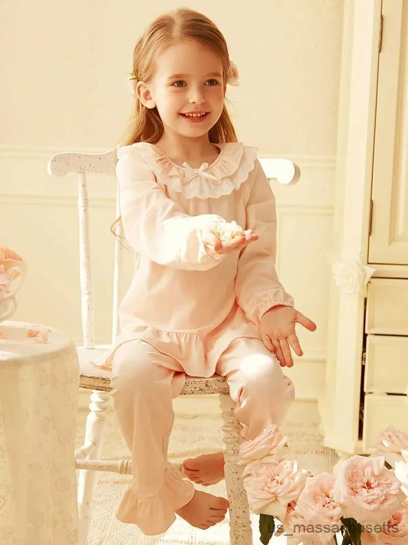 Пижамы, весенне-осенняя детская одежда для сна. Хлопковые розовые пижамные комплекты с длинными рукавами для девочек. Пижамный комплект с оборками для малышей, милая детская одежда R231108