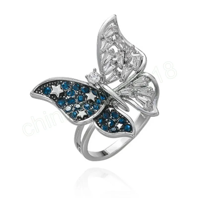 Zircon bleu papillon anneau luxe brillant fête anneau pour les femmes creux ouvert réglable anneaux mode bijoux cristal cadeau