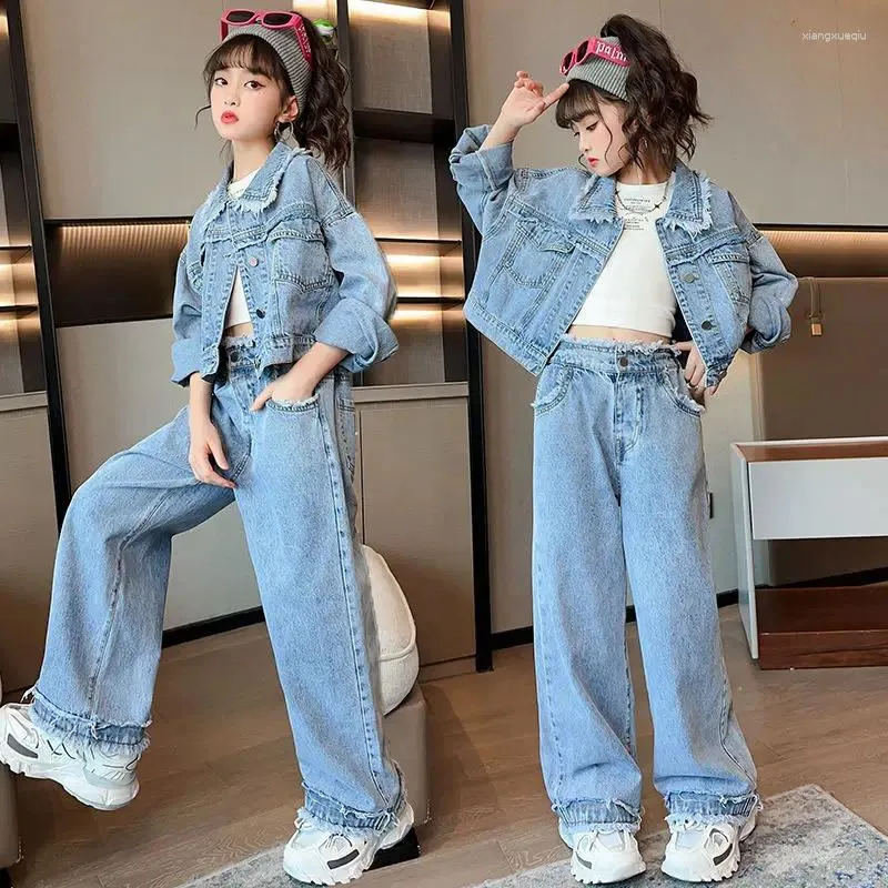 Kläderuppsättningar 2023 Korean Spring Autumn Teen Girl Denim Fashion Casual Jeans Outfit kläder Big Girls Set Kids Suits10 12 T Suit Outfits