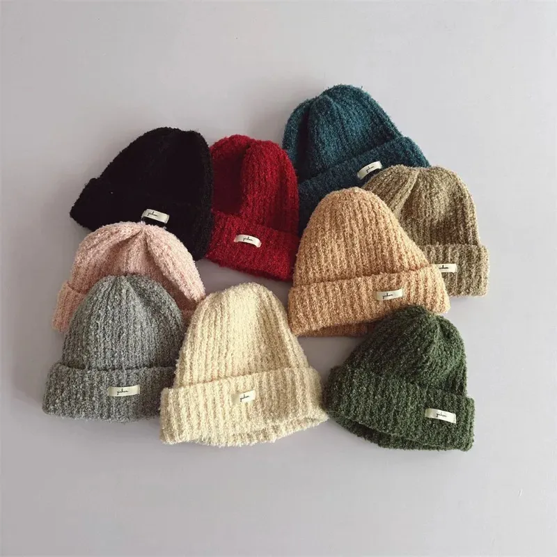 Caps Hats Autumn Winter Vintage Children's Knitted Hat Korean Style Boys Solid Color Brief Curly-brimmed Hat Girls Soft Warm Caps 231108