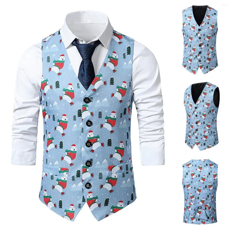 Gilets pour hommes 2023 Mode Gilet de Noël Manteau de fête Casual Slim Fit Blazer Boutons Costume Cartoon Print Tank