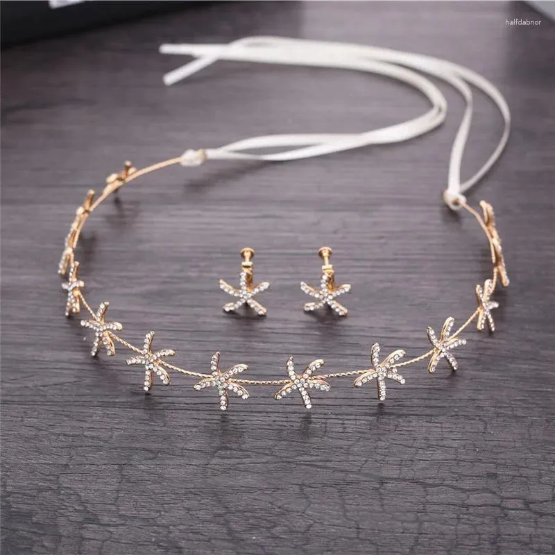 Haarspeldjes Luxe Sieraden Zeester Kristal Bruid Tiara Bruiloft Accessoires Hoofdtooi Goud Kleur Hoofdbanden Lint Ketting Cadeau