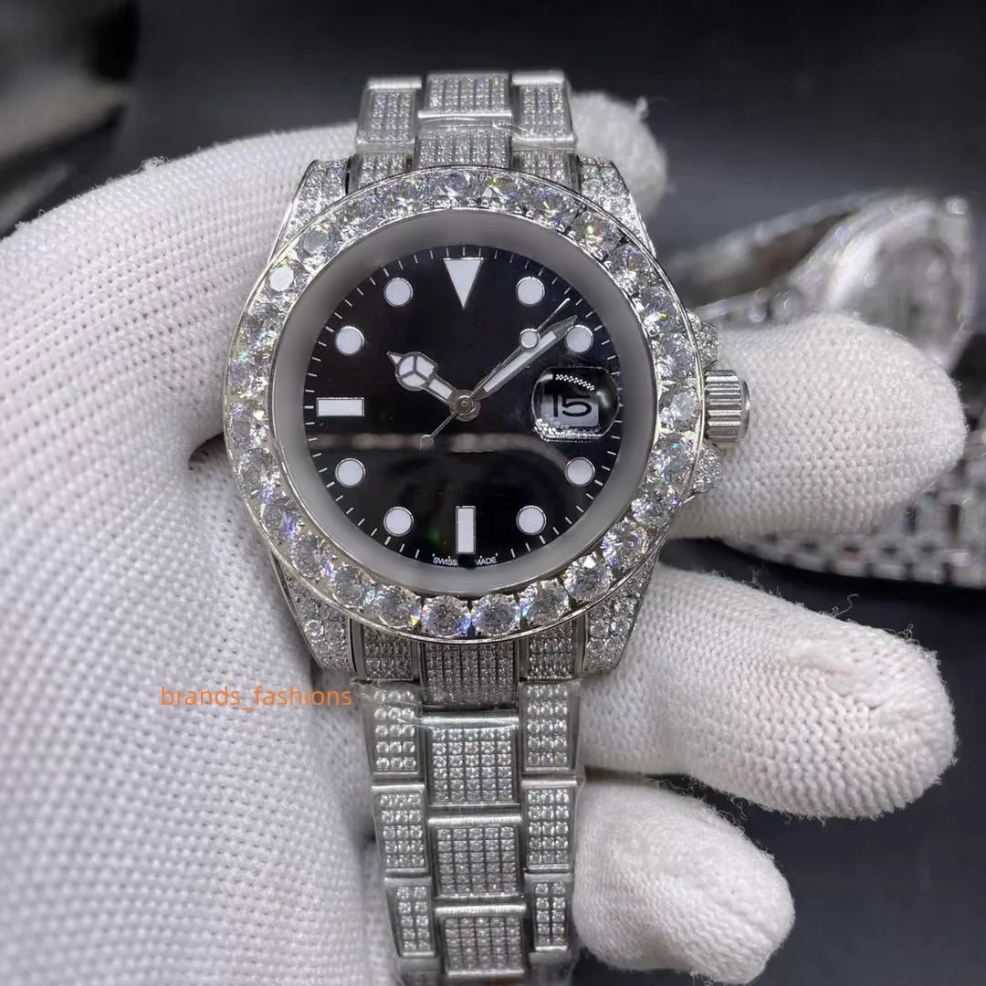 Silver Ice Cz Diamond Watch ręcznie robiony diamentowy sztyfr ze stali nierdzewnej Diamentowy pasek Czarna duża twarz w pełni automatyczna mechaniczna moda zegarek mody