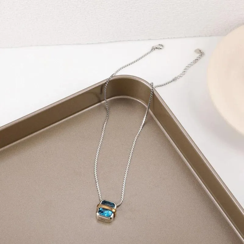 Hangers Vintage S925 Sterling Zilveren Ketting Blauwe Edelsteen Zirkoon Vierkante Ketting Voor Vrouwen Meisje Verjaardagscadeau Fijne Sieraden Metaal