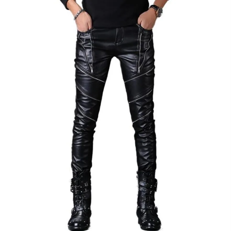 Męskie spodnie wiatroodporne ciepłe motocykl sztuczne skórzane męskie męskie osobowości moda moda moda dla mężczyzn pantalon homme jesień257e
