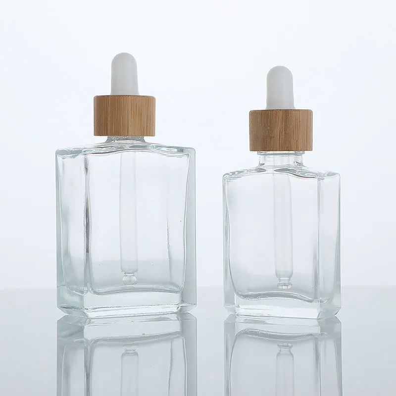 square clear glass flat shoulder essential oil dropper bottle luxury 30ml 50ml with bamboo lid