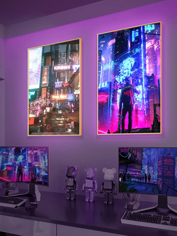 Game hotel E-sports room decoration painting cyberpunk luminous led light painting boys' bedroom background wall hanging painting