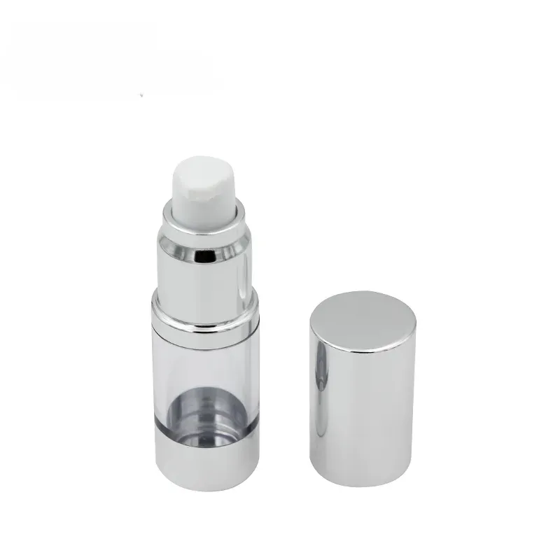 Hurtowa srebrna pusta kosmetyczna butelka bez powietrza 15 ml 30 ml 50 ml przenośna napełniana plastikowe butelki pompy do płynnej esencji najwyższej jakości