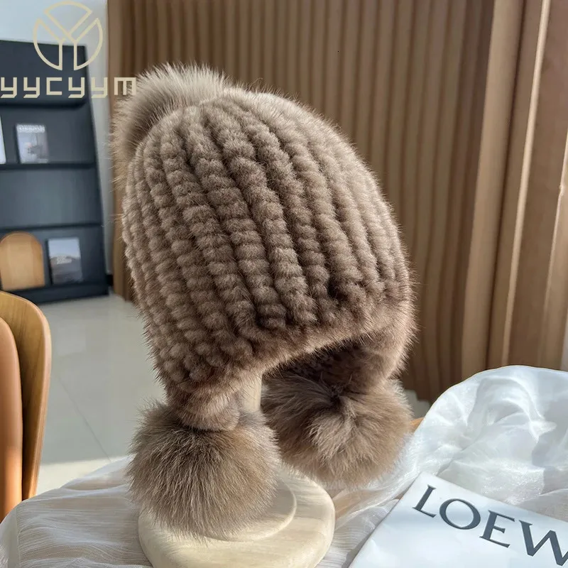 Beanie/Skull Caps Winter Real Mink Fur Hat For Women Sticked Mink Fur Ear Warm Cap Spiral Beanies Cap med Fox Fur Pompom på topp 231108