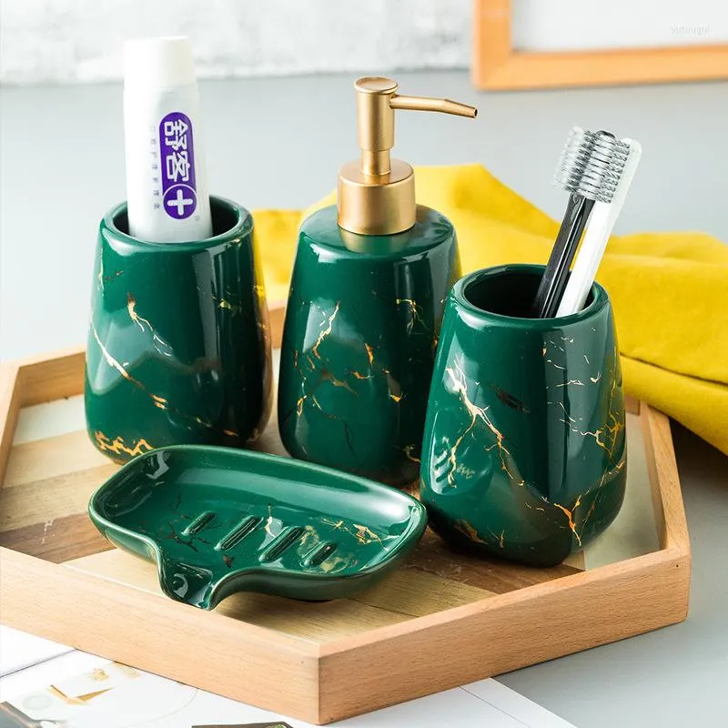 Ensemble d'accessoires de bain salle de bain 4 pièces décor en céramique verte distributeur de savon plat et 2 gobelets Gadget organisateur porte-dentifrice