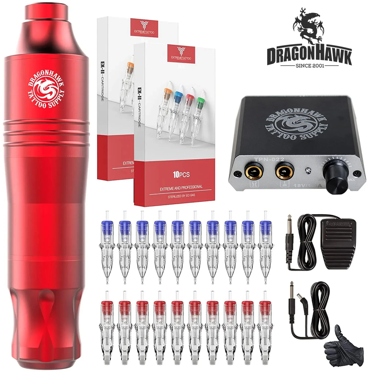 Dragonhawk Atom Tattoo Kit Rotary Pen Machine Fuente de alimentación Cartucho Agujas