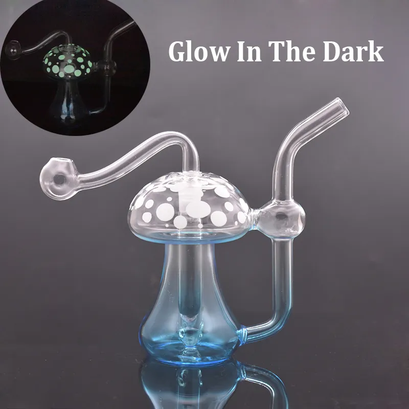 Glow In The Dark Smoking Water Pipes Glass Oil Burner Bong Hookah Mushroom Colorful Heady Recycler Dab Rig with 10mm Male Glass Oil Burner Pipe Cheapest