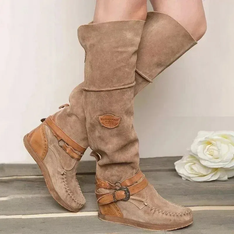 Сапоги Винтажные женские ботинки Повседневные сапоги до колена Женская обувь на высоком каблуке Термобахилы Высокие ботинки Zapatos Mujer Sapato 2024 231108