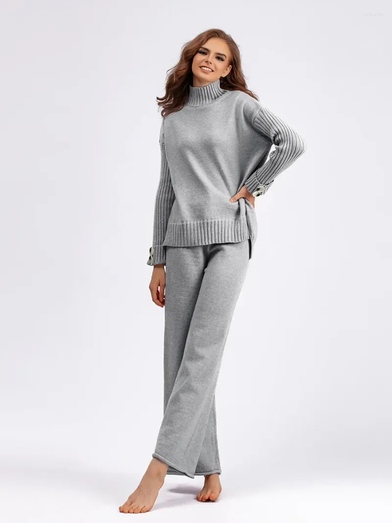 여자 2 피스 바지 여성 의상 스웨터 세트 긴 소매 니트 풀오버 및 넓은 다리 라운지