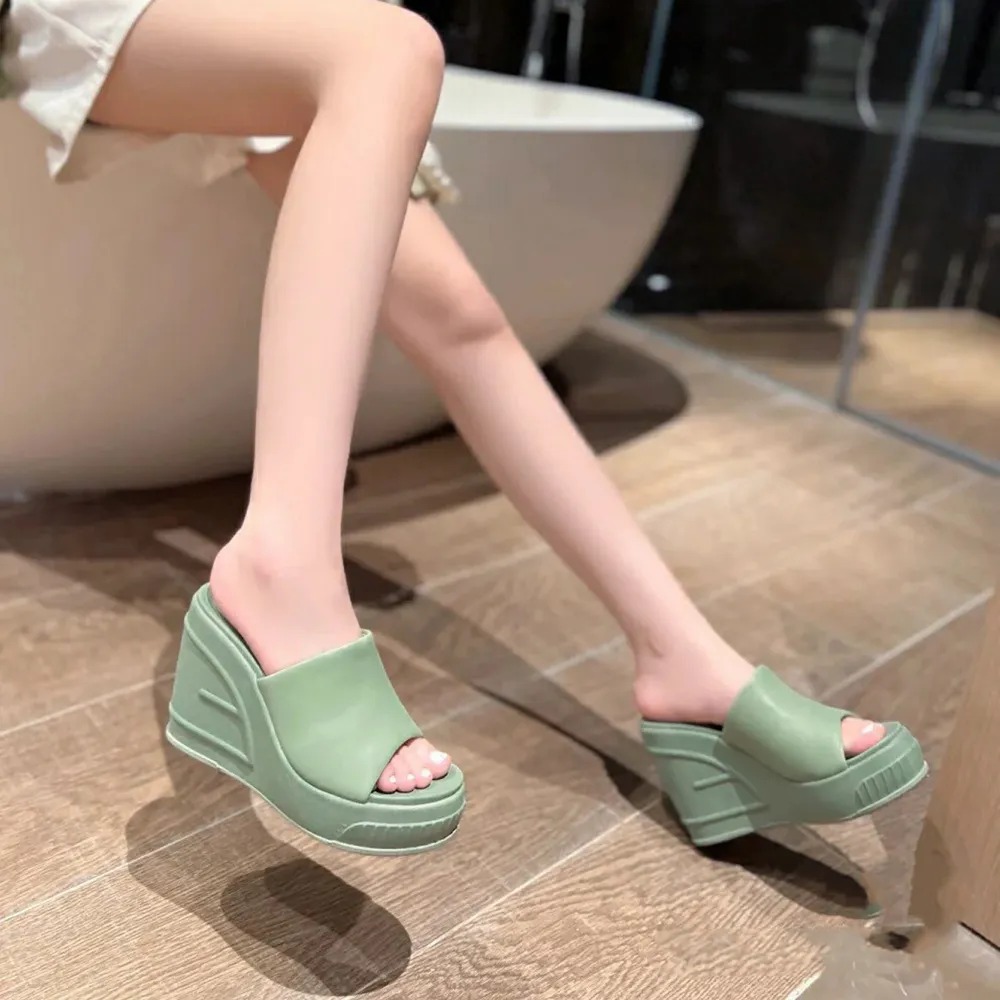 Platform slope root Genuine leather slippers Women's heeled mules fashion dinner sandals Luxury designer open toe high heels shoes Factory shoes35-42With box