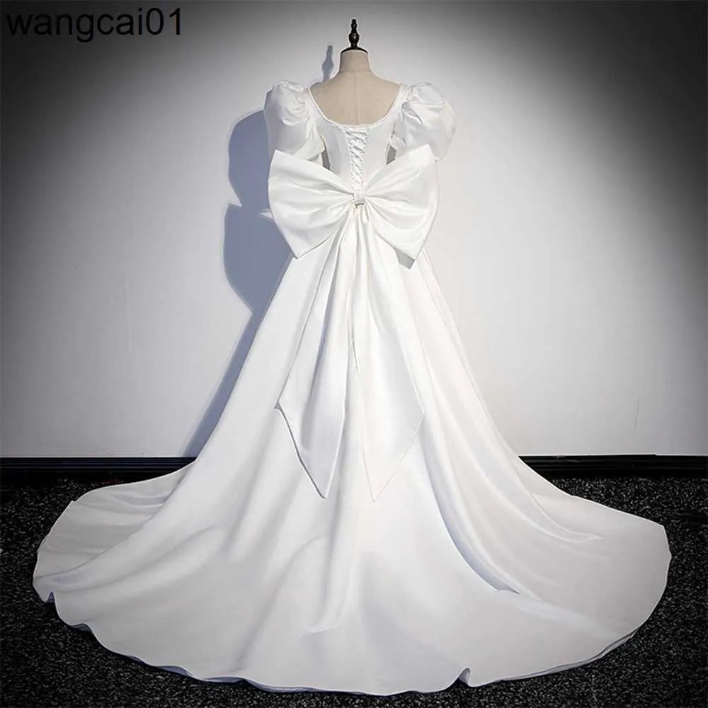 Festklänningar bröllopsklänningar satin a-line ogräsande klänning kort sees stora båge brudklänningar med sveptåg 0408h23