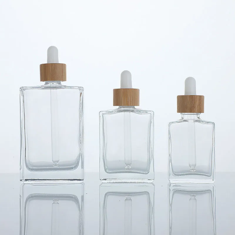 square clear glass flat shoulder essential oil dropper bottle luxury 30ml 50ml with bamboo lid