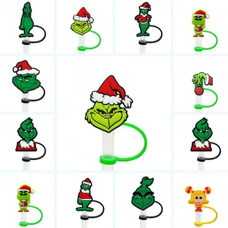 Nouvelle série de dessins animés de noël, breloques en paille, bouchon anti-poussière en silicone vert, pailles de fête mignonnes, cadeau de décoration