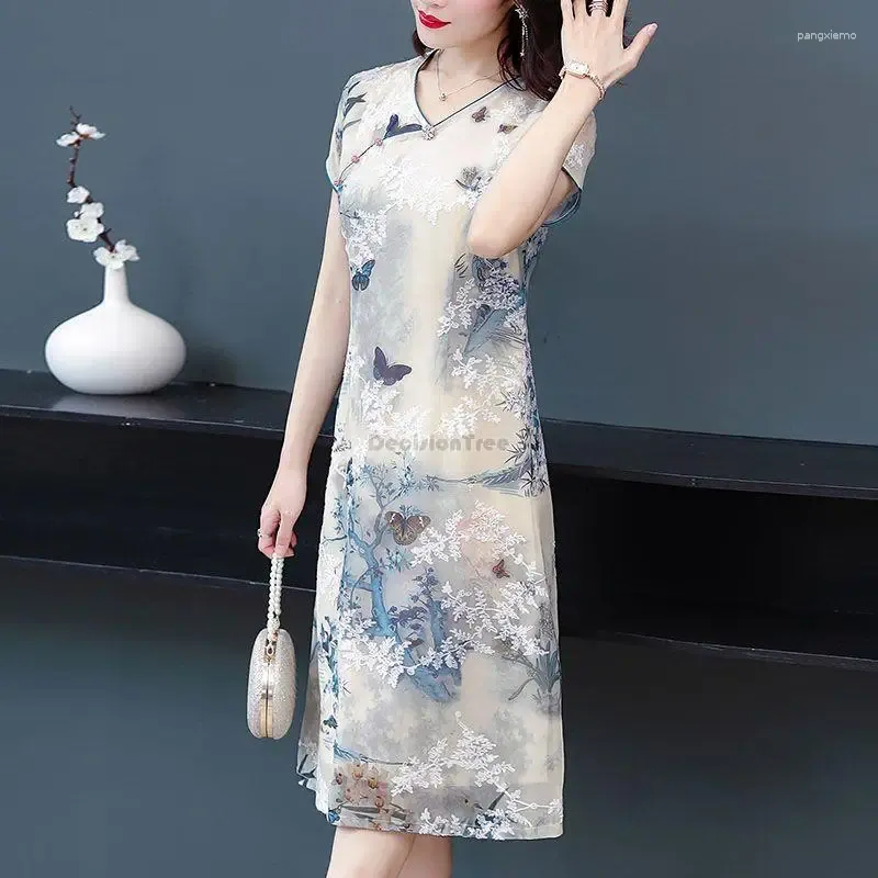 Ethnic Clothing 2023 Summer Chinese Qipao Dress Improved V-neck Printing Cheongsam Elegant Daily Women Slim Chiffon S468